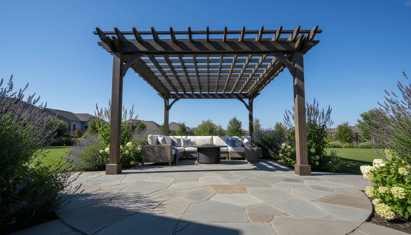 Elegant outdoor pergola structure providing shade over a residential patio with comfortable seating