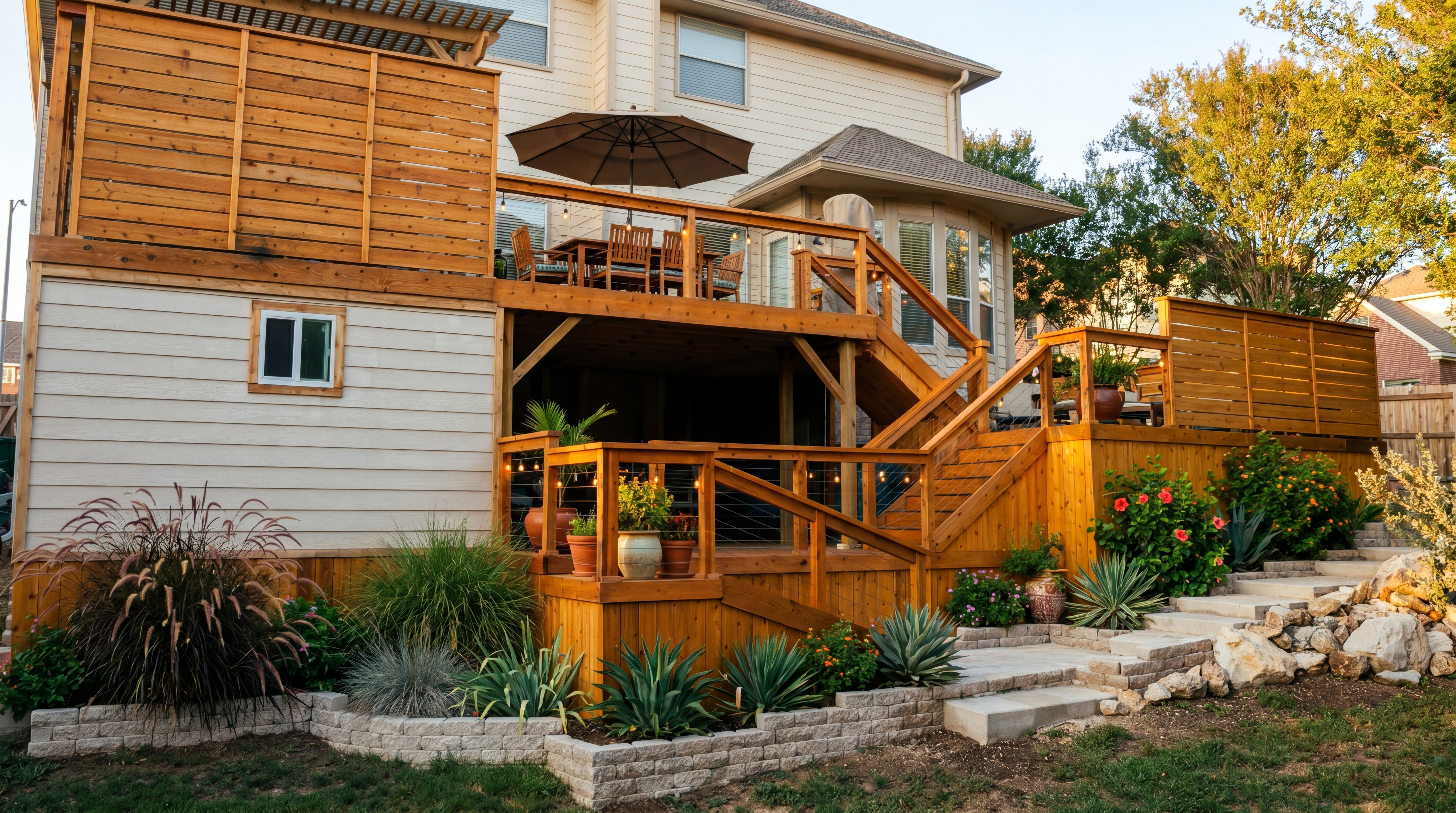 Multi-level wooden deck with privacy screens, outdoor dining, and lush landscaping with stone steps.