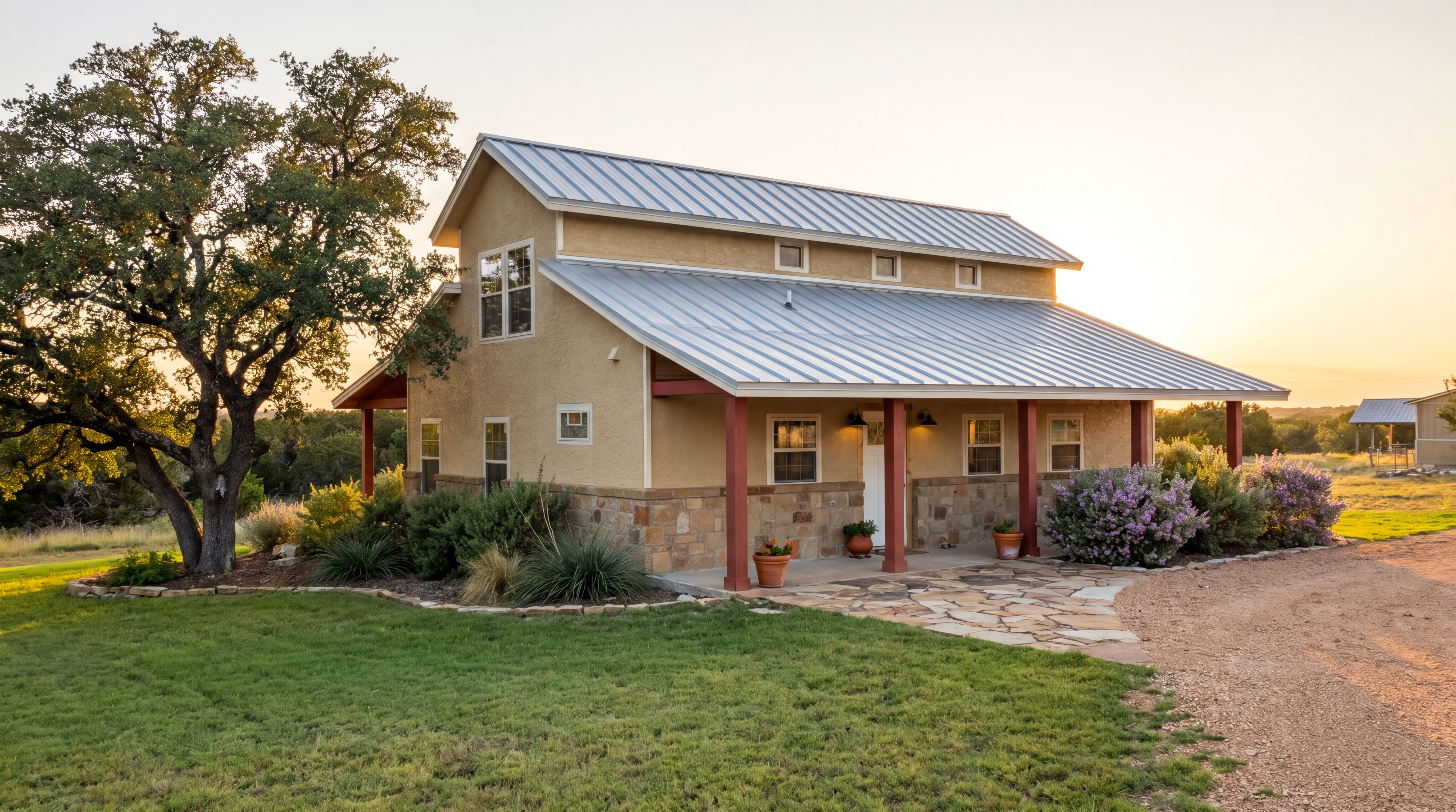 Two-story tan house with a metal roof and stone base during a golden sunset.