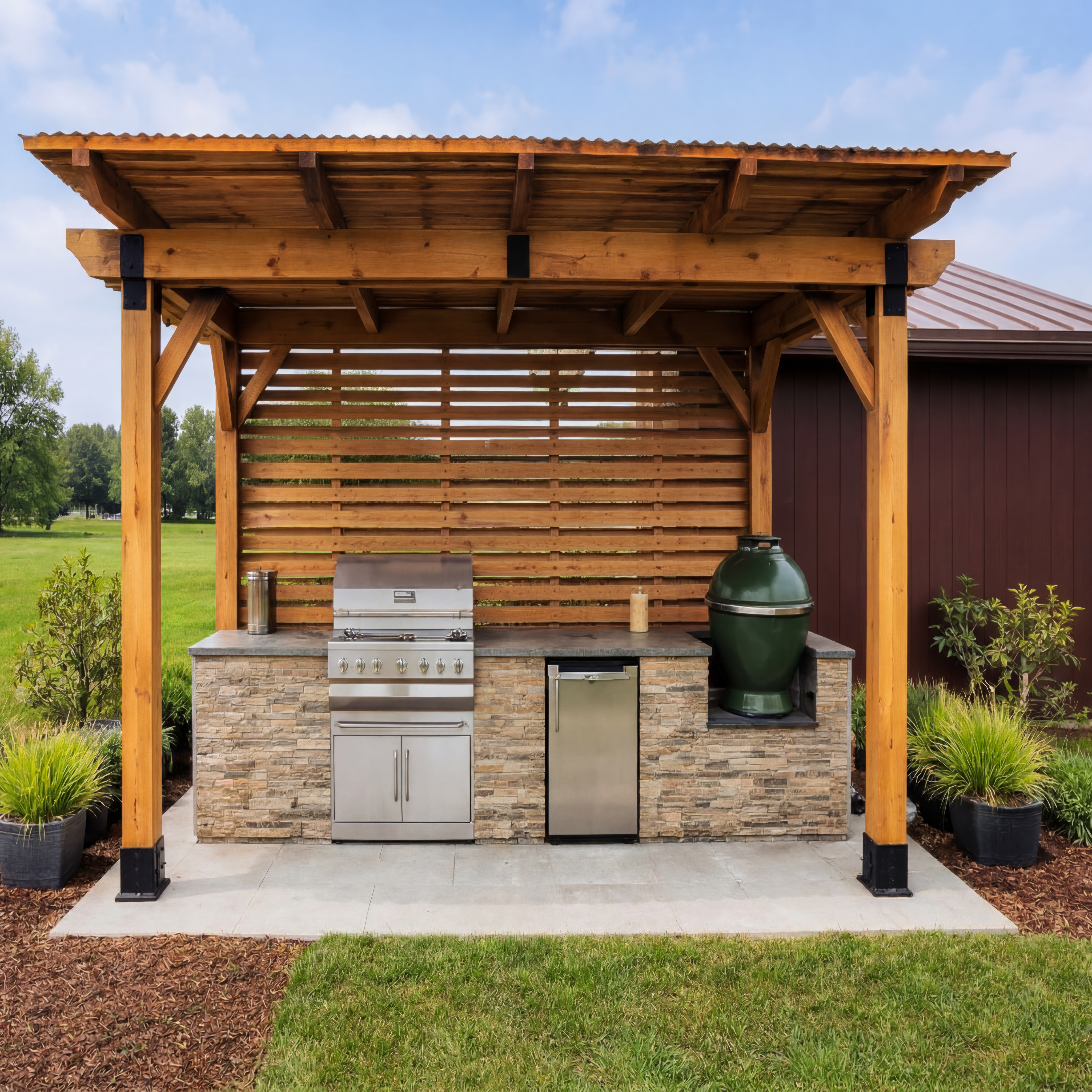 Stone outdoor kitchen with stainless steel grill and green ceramic smoker under a wooden pergola.