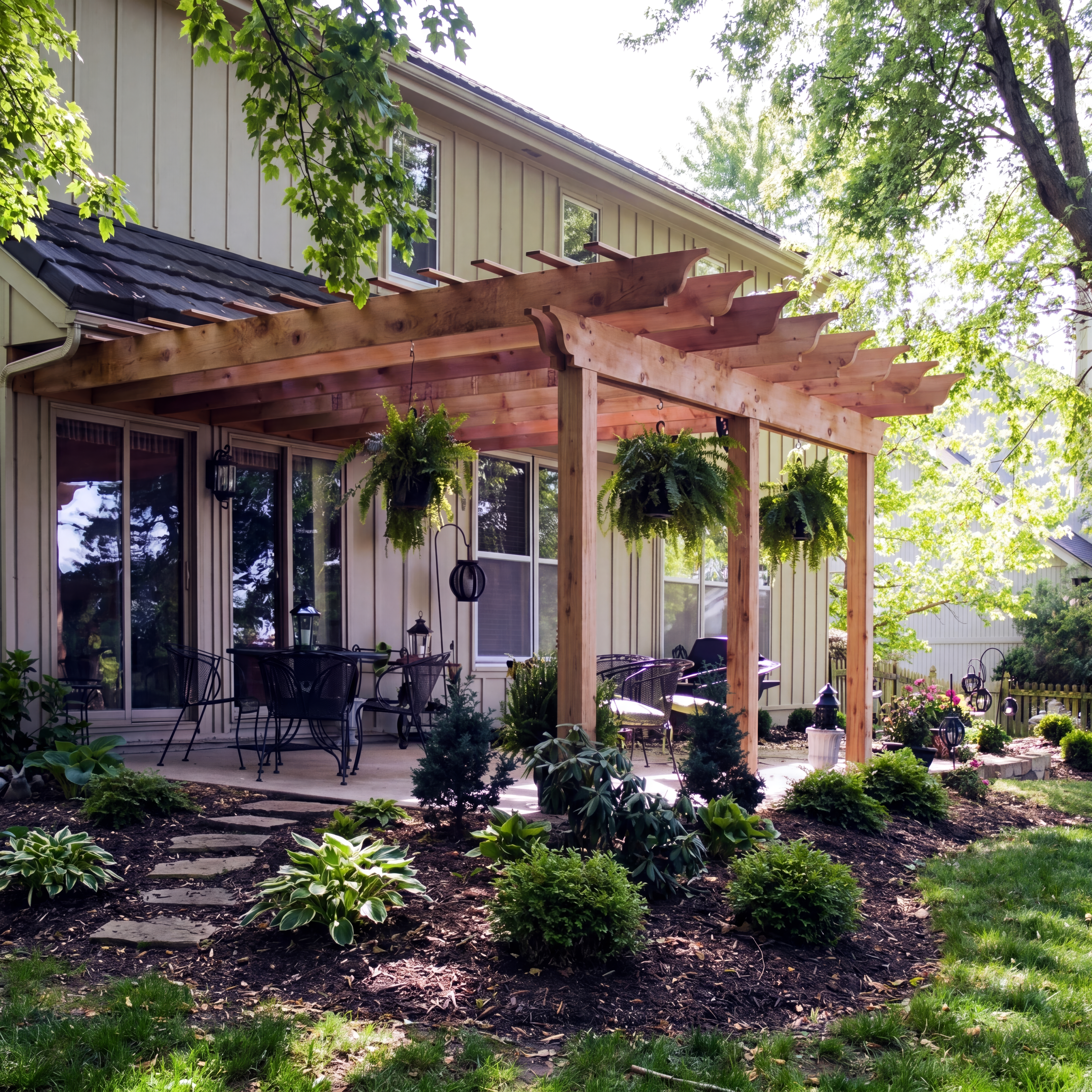 Wooden pergola with hanging ferns over a patio with outdoor furniture and lush garden landscaping.