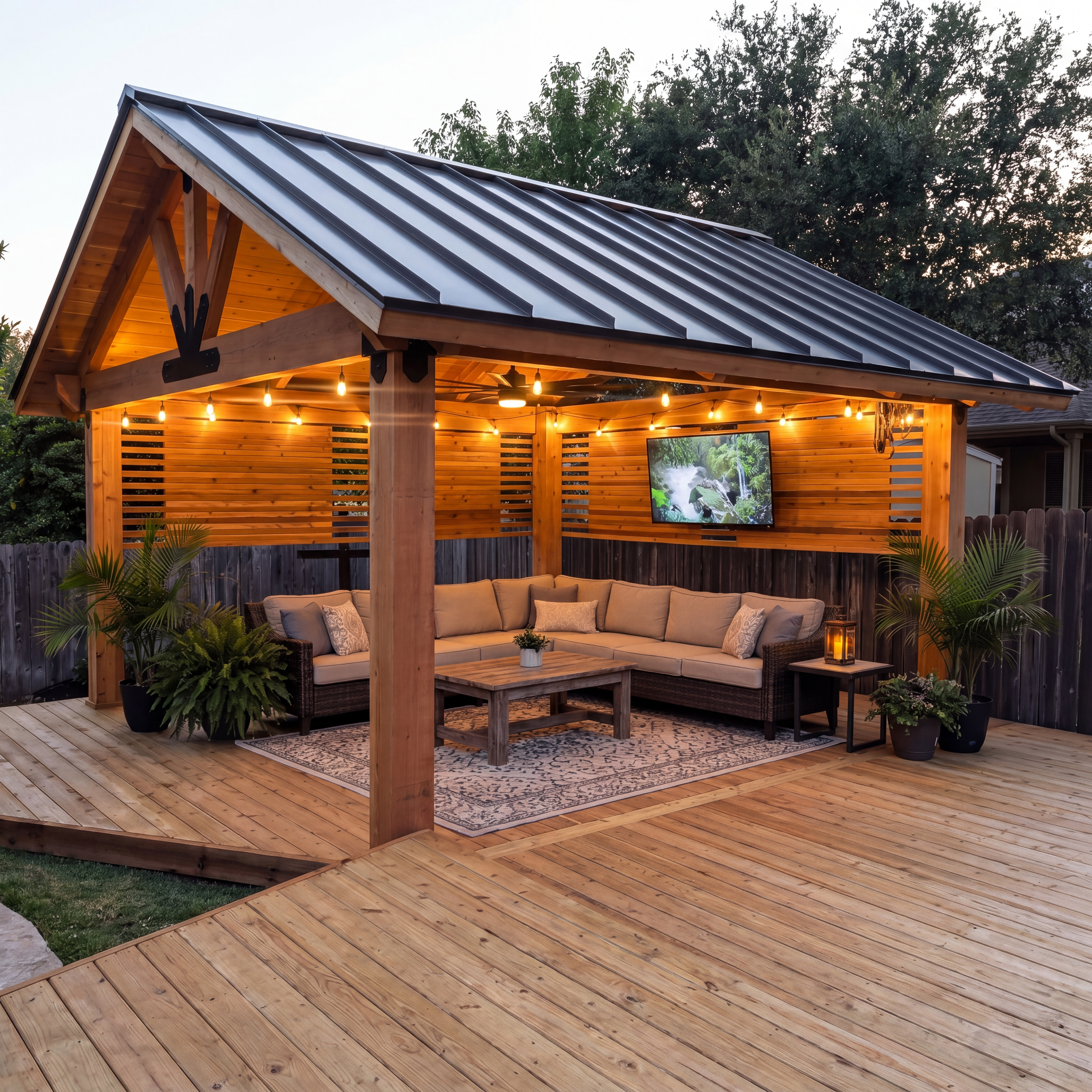 Wooden gazebo with string lights, sectional sofa, and TV on a large outdoor deck.