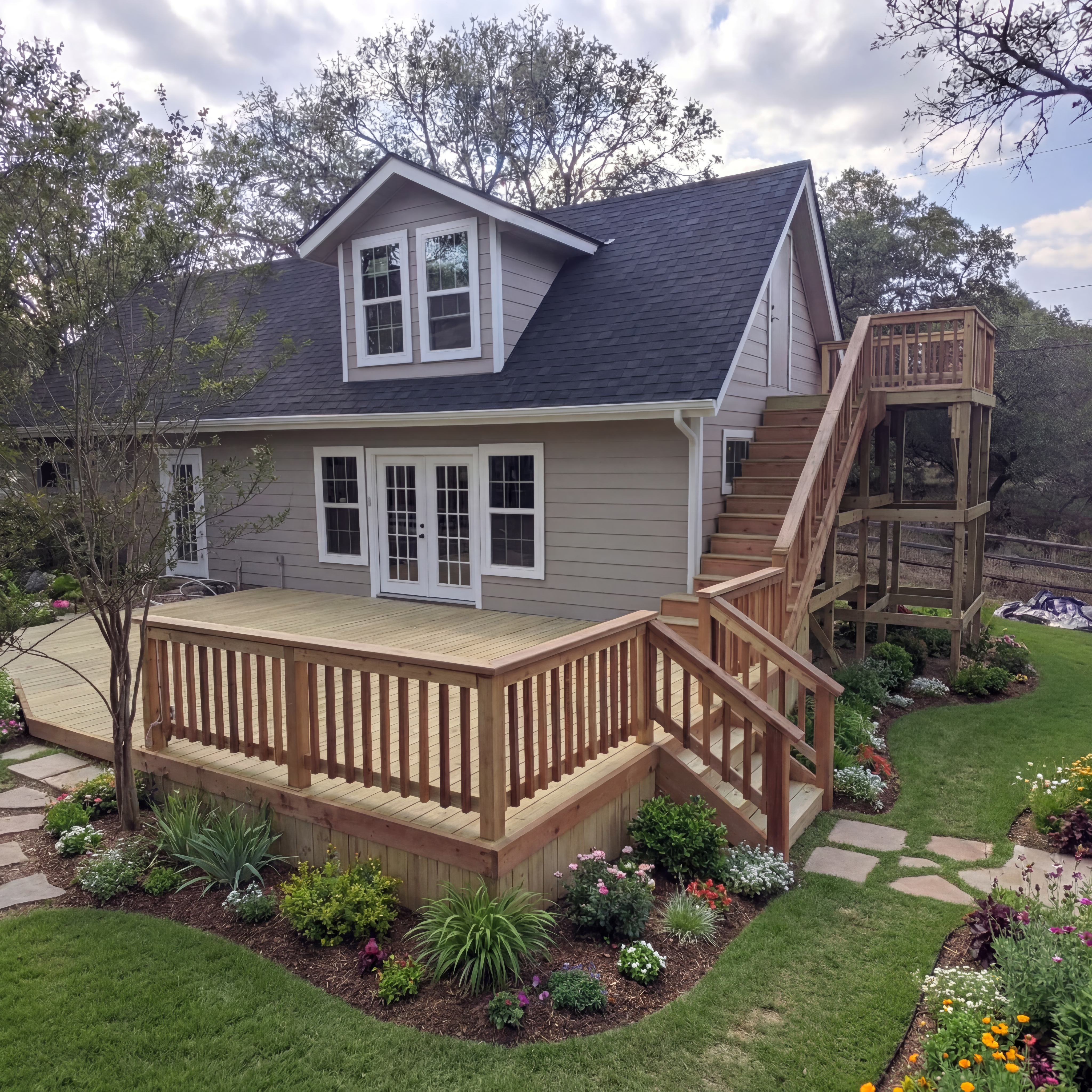 Two-story tan house with a large wooden deck, external stairs, and a landscaped garden.