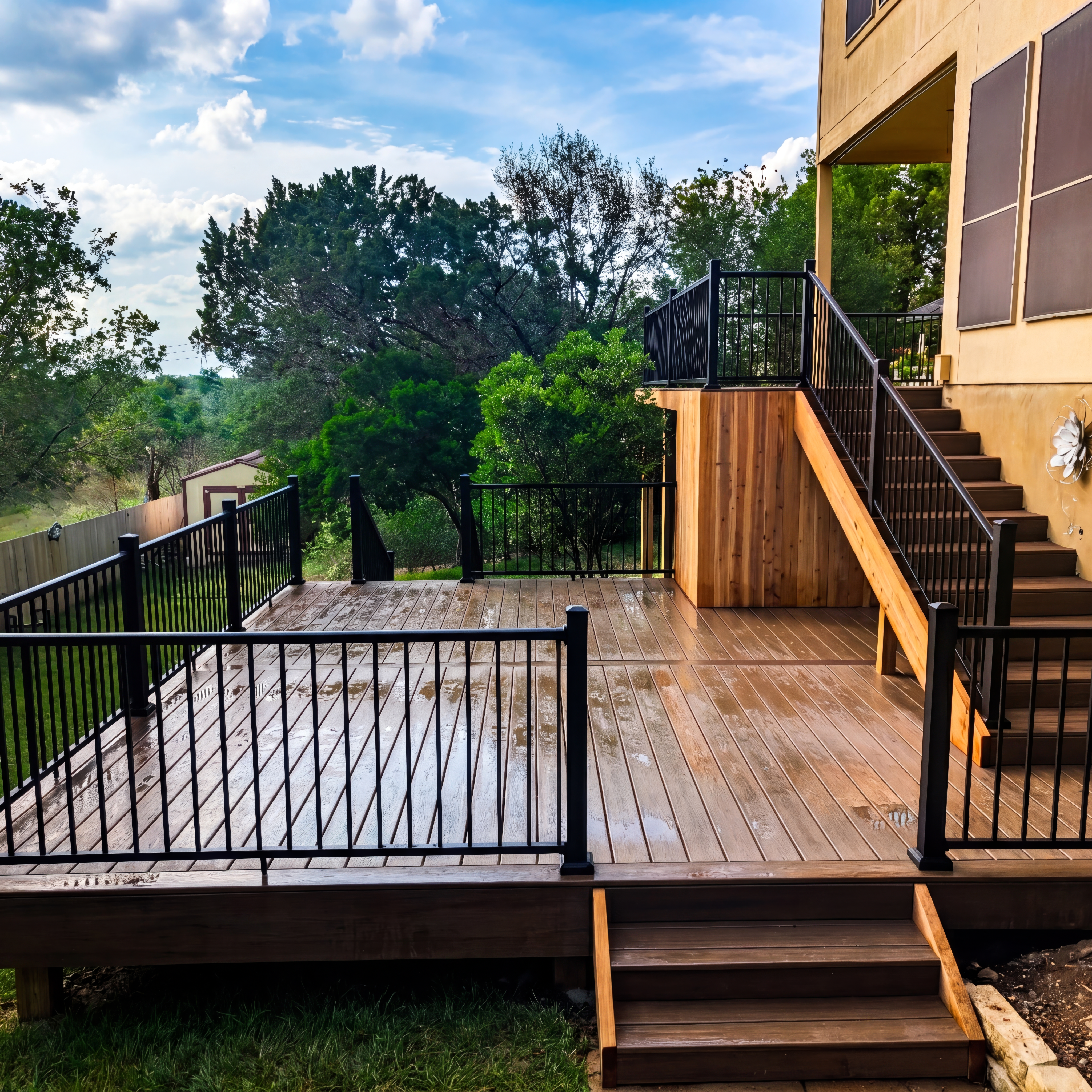 Wet multi-level wooden deck with black metal railings overlooking a lush green wooded backyard.