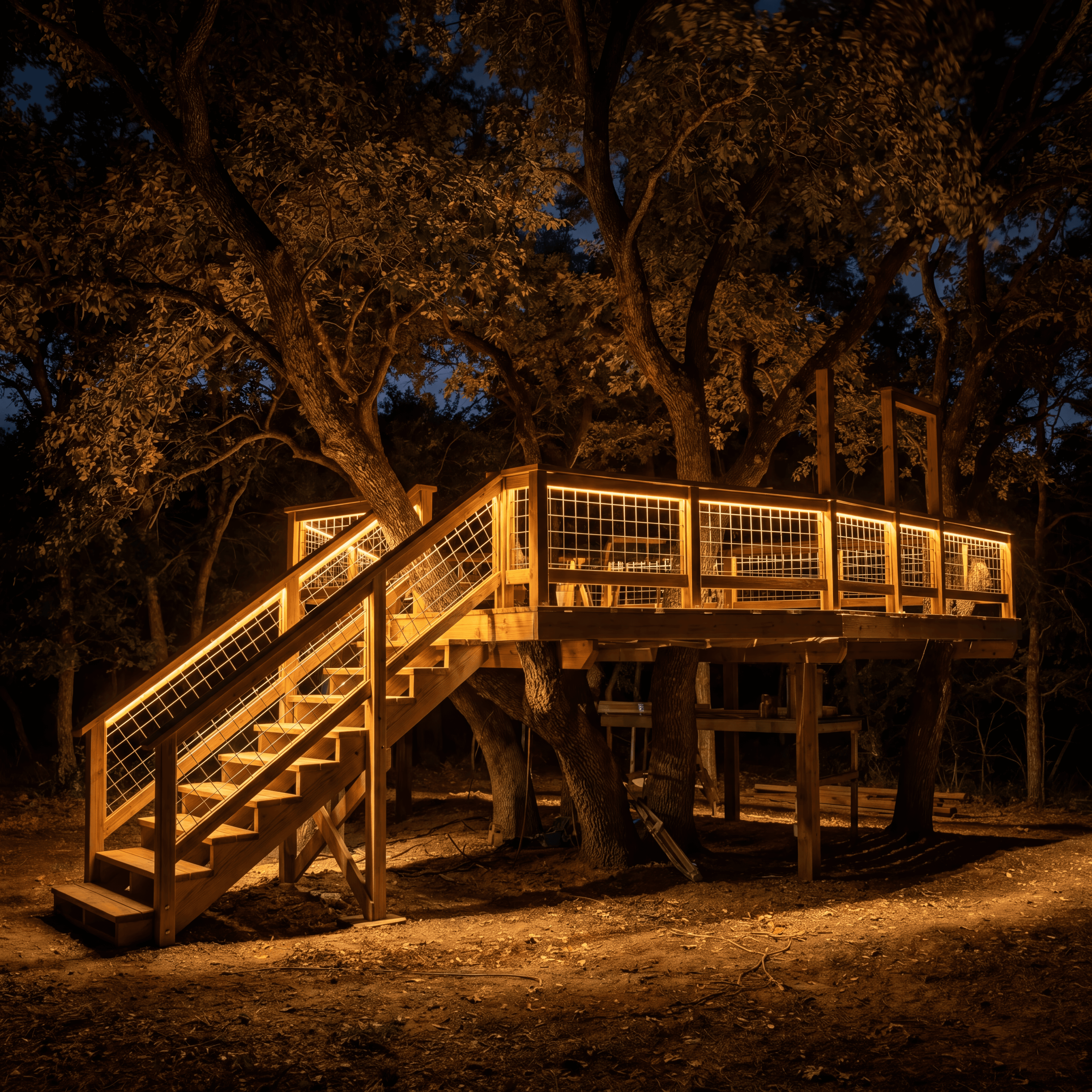 Illuminated wooden treehouse deck with glowing stairs and railings nestled among trees at night.