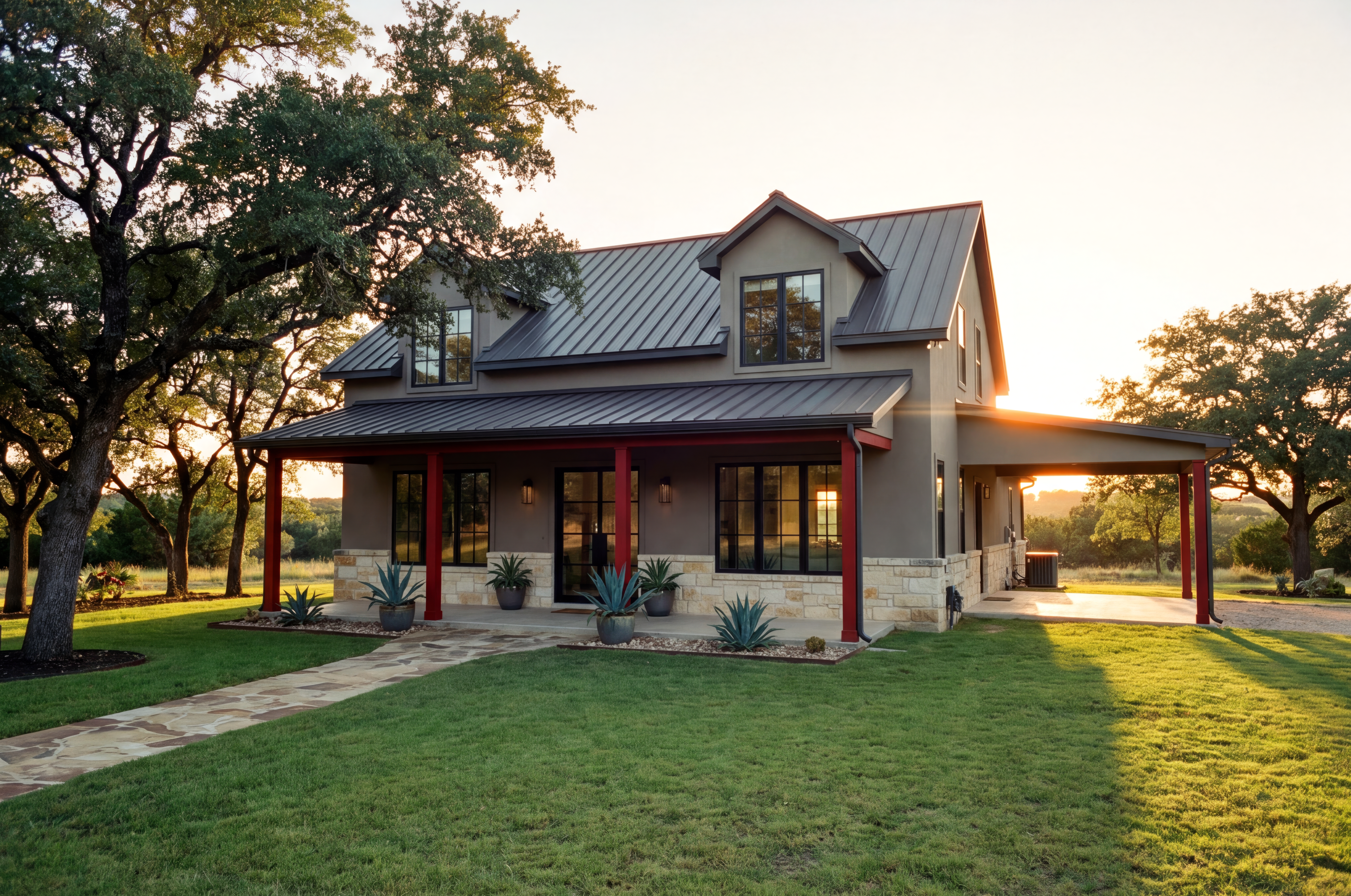 Modern farmhouse with red pillars and a stone walkway under a warm golden sunset.