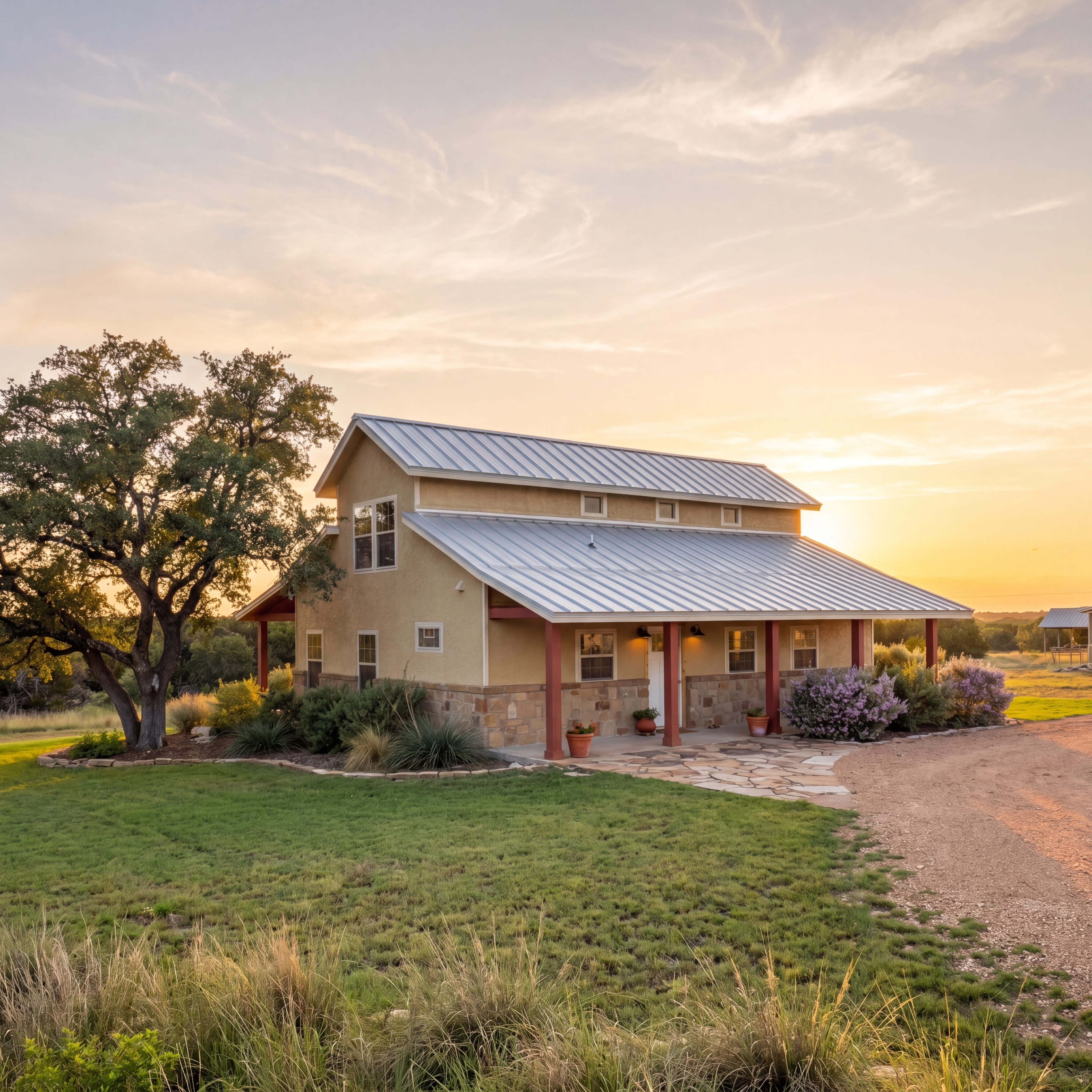 Tan two-story house with a metal roof and stone base during a golden sunset.