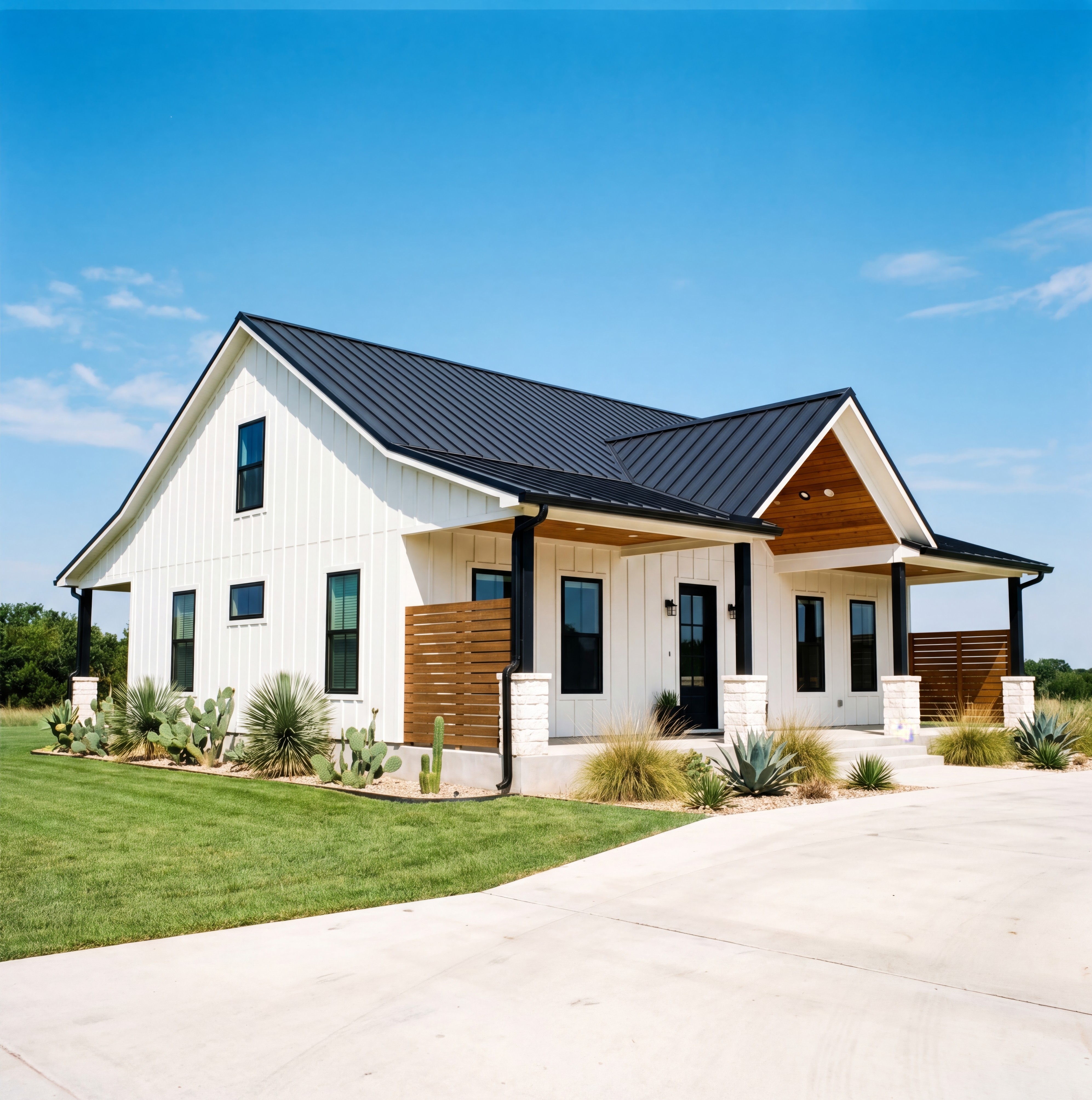Modern white farmhouse with black metal roof and desert landscaping under a clear blue sky.