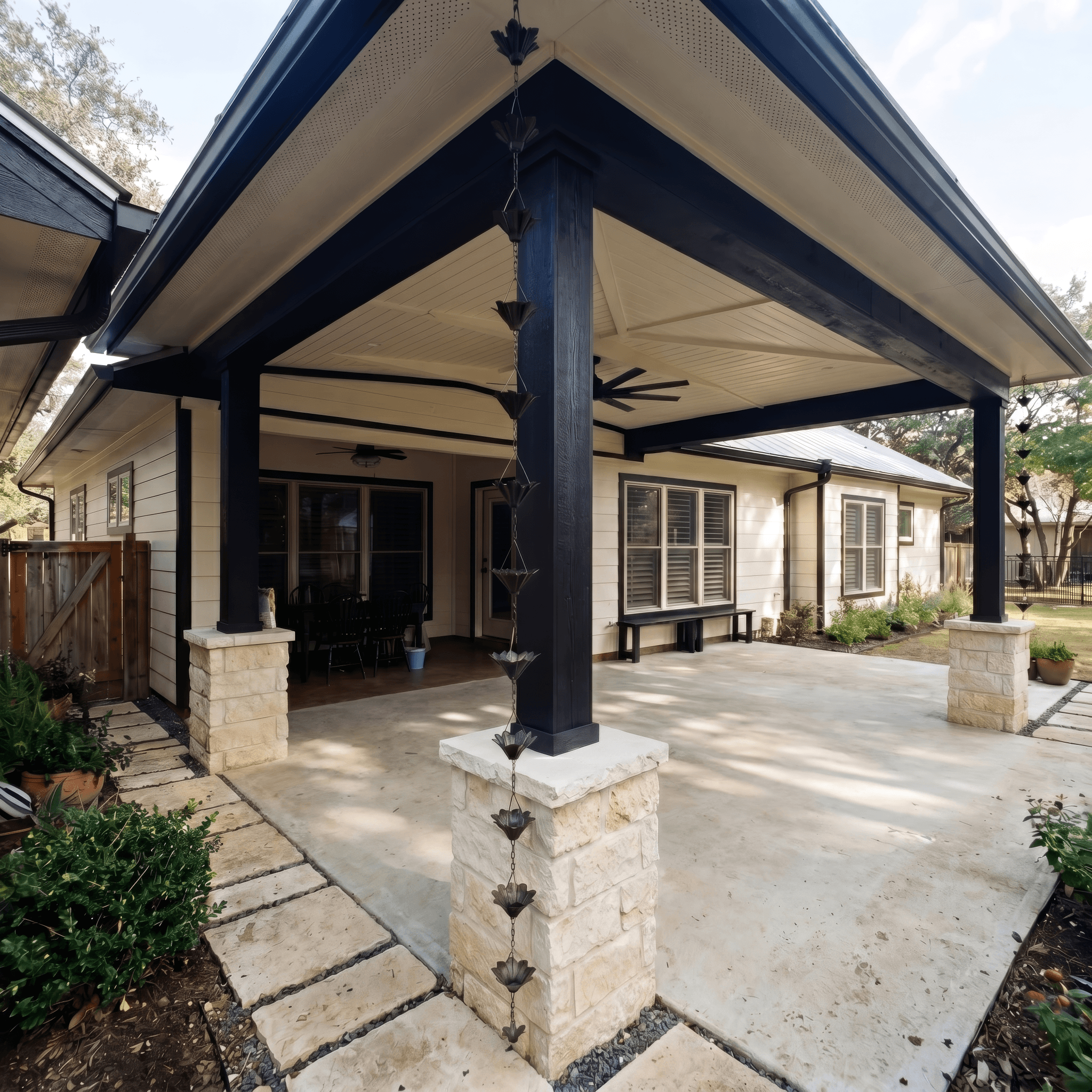 Modern covered patio with black beams, stone pillars, and a decorative metal rain chain.