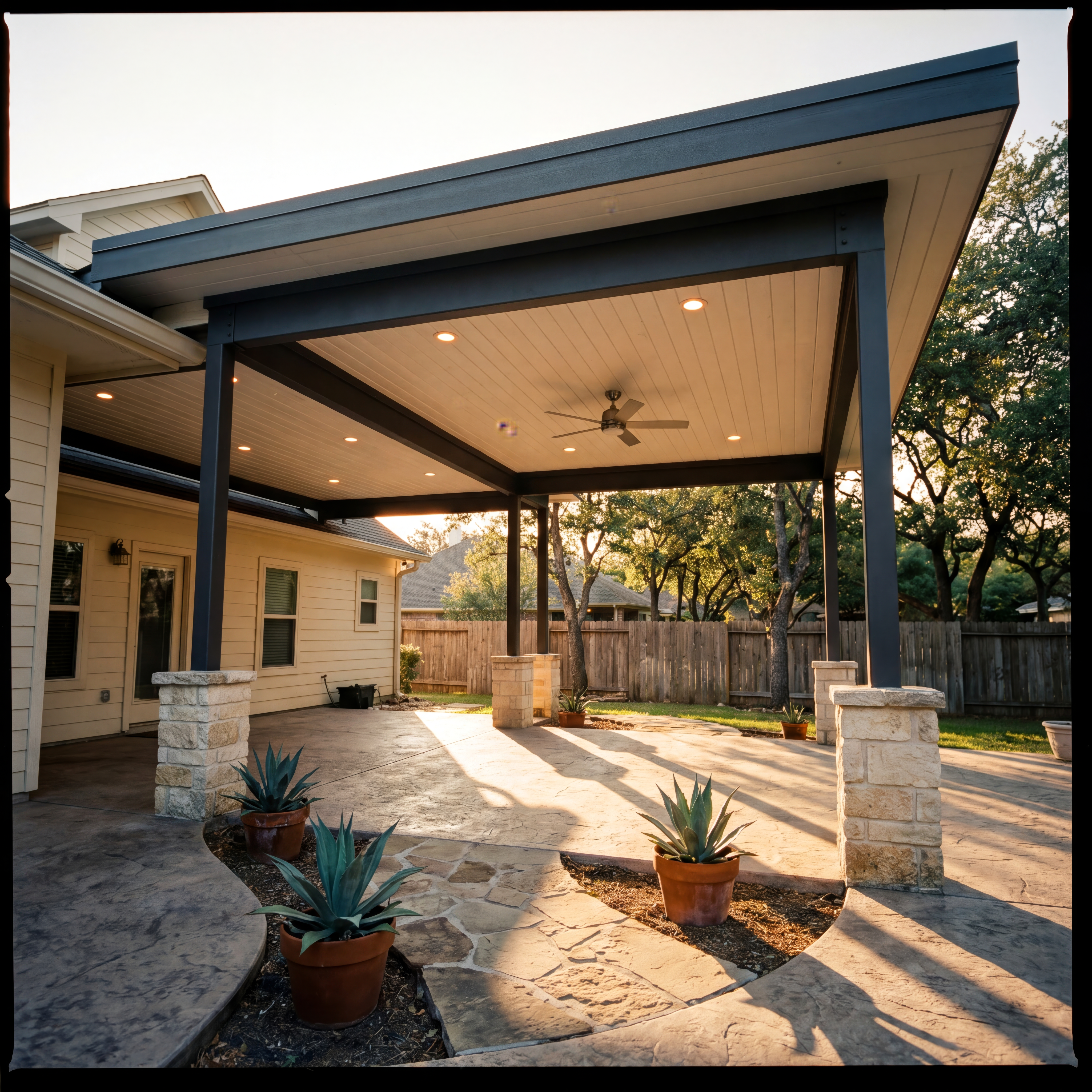 Modern patio cover with stone pillars and ceiling fan over a sunlit stamped concrete patio.