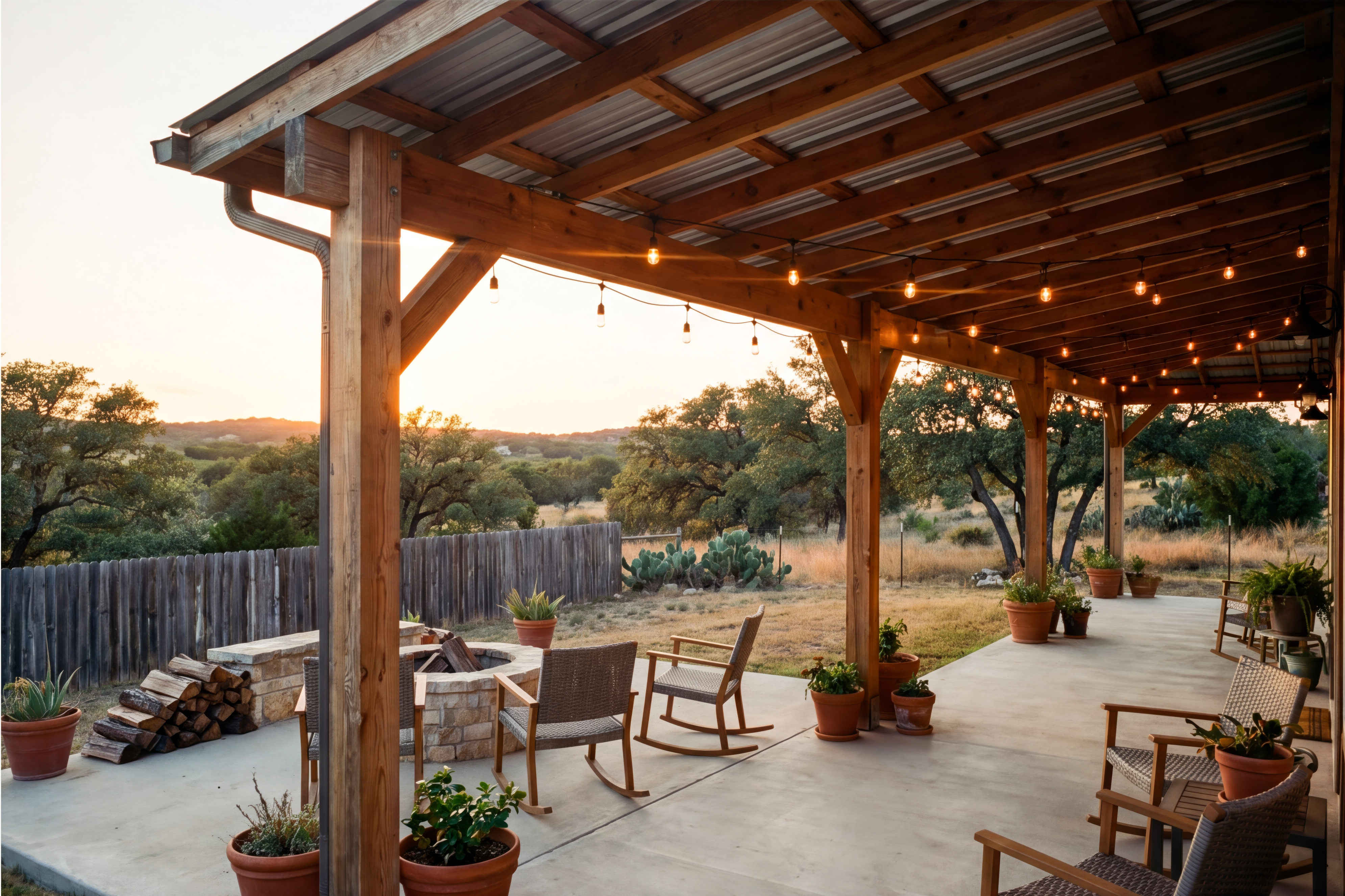 Rustic wooden patio with string lights, rocking chairs, and fire pit overlooking a golden sunset.