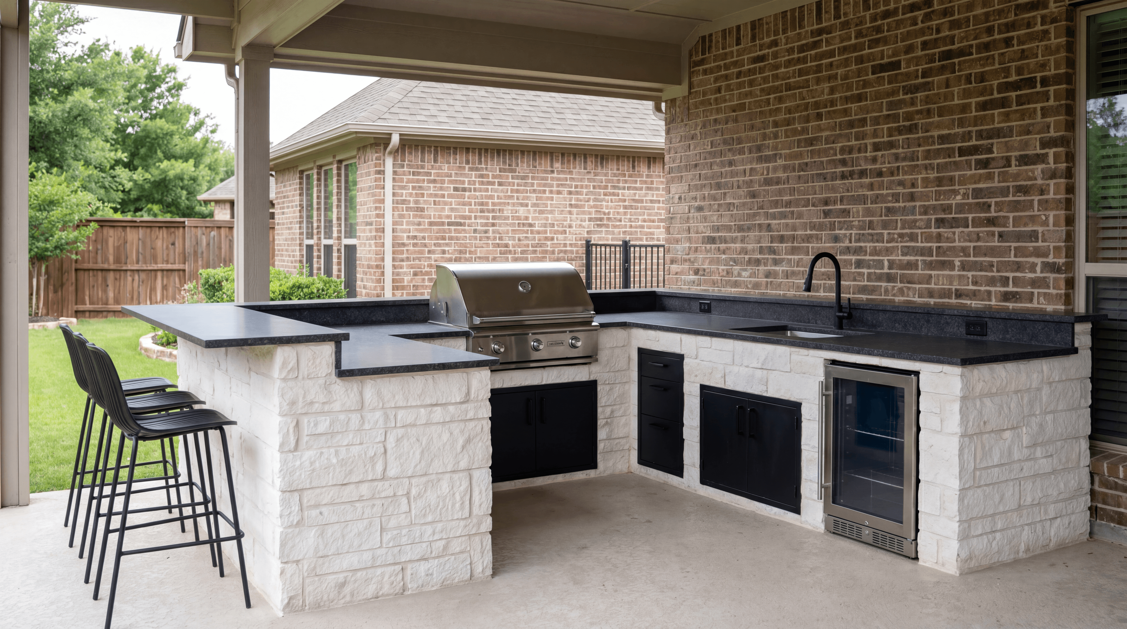 Modern outdoor kitchen featuring white stone base, black countertops, stainless grill, and bar stools.