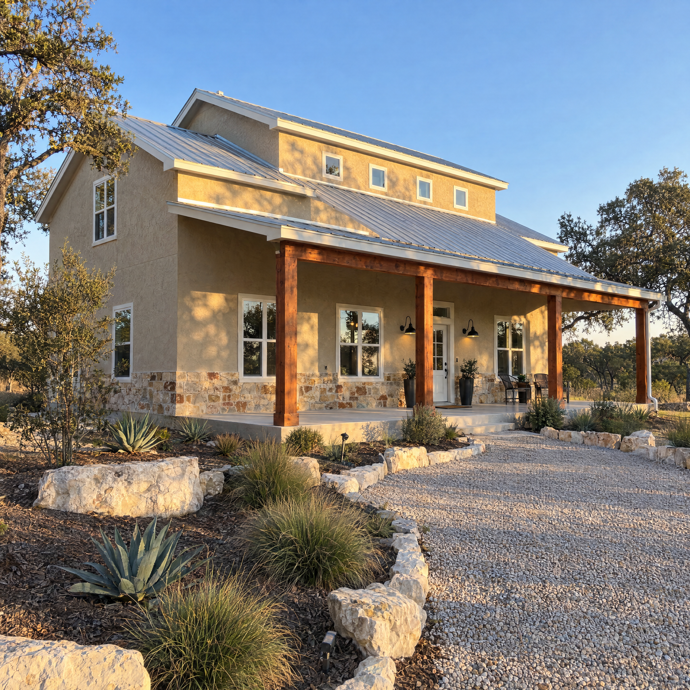 Modern tan farmhouse with a metal roof, wooden porch, and gravel path at sunset.