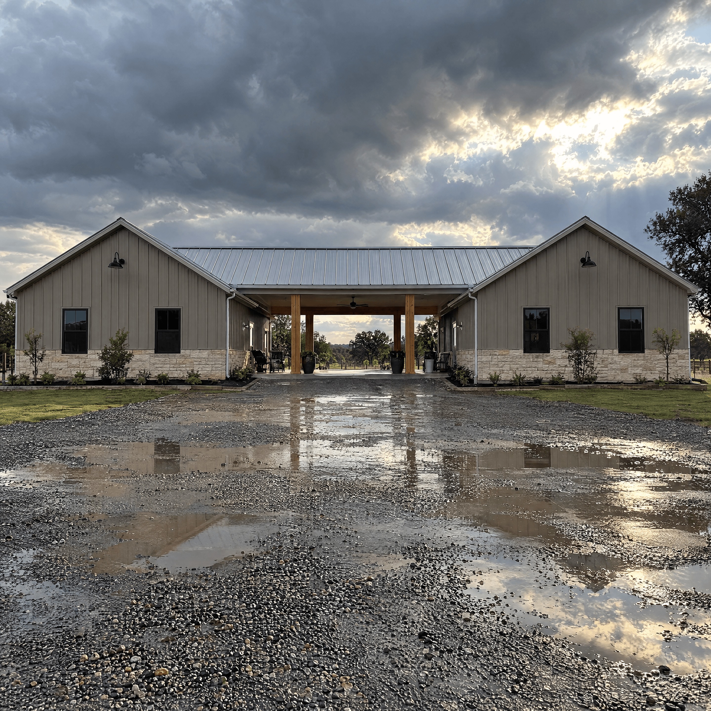 Modern farmhouse with a breezeway under dramatic storm clouds, reflected in puddles on gravel.